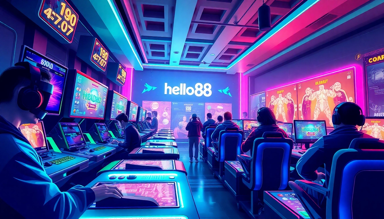 Hello88 gaming event showcasing vibrant players and high-tech gaming gear in an exciting digital environment.
