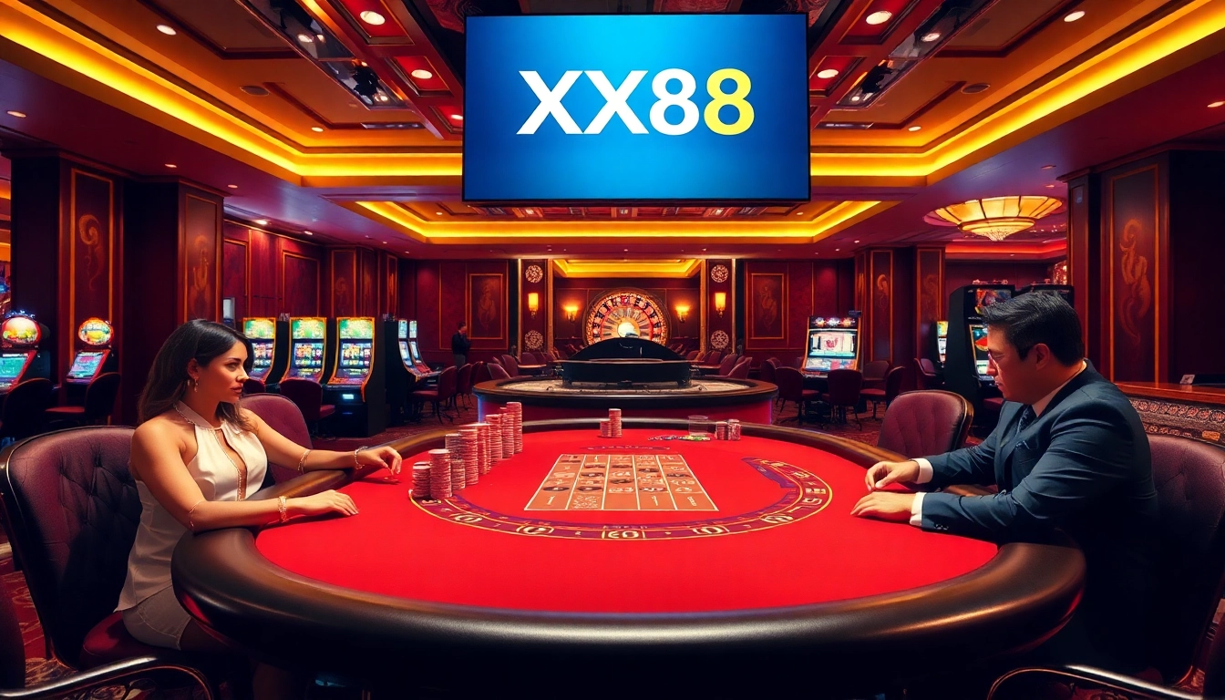 Experience the thrill of gaming at XX88's luxurious casino with vibrant tables and elegant decor.