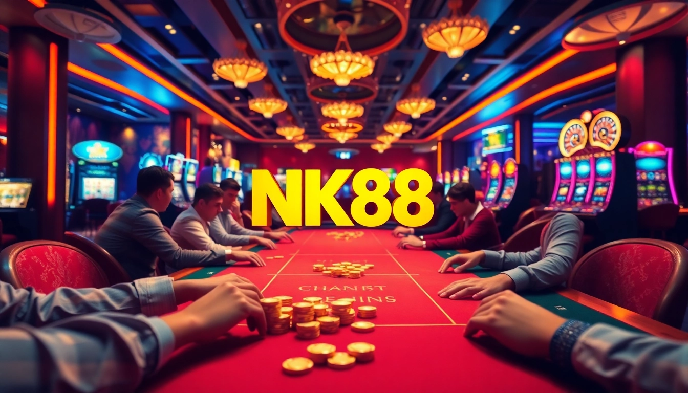 Players enjoy a thrilling poker game at NK88 casino with vibrant colors and golden chips.