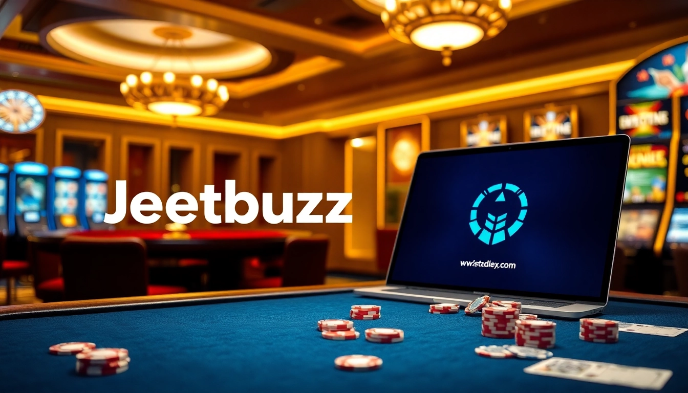Engaging gambling scene with Jeetbuzz logo, poker table, chips, and roulette wheel.