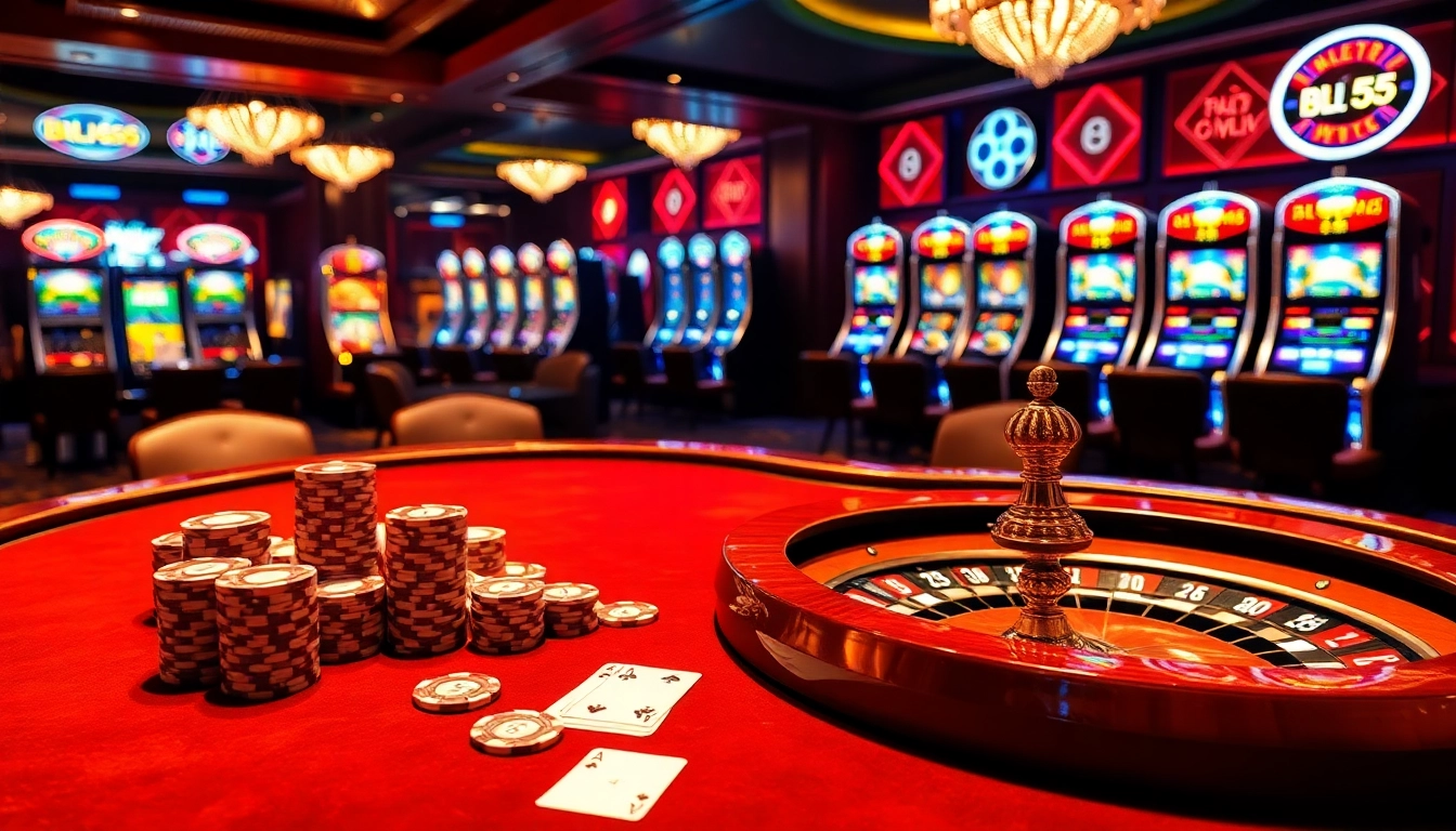 Experience the excitement of Bl555 with colorful poker chips and a roulette wheel in an elegant casino setting.