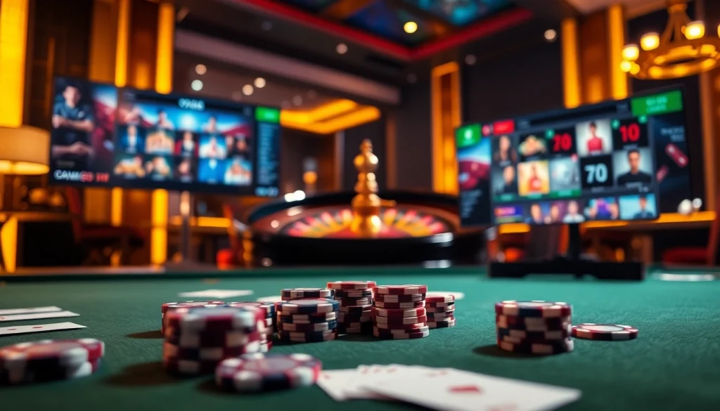 Engaging scene of 789BET đăng nhập showcasing a luxurious casino table with poker chips and cards in action.