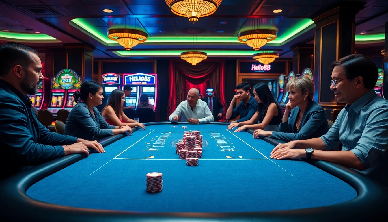 Players enjoying a thrilling game at Hello88 casino, surrounded by vibrant slot machines.