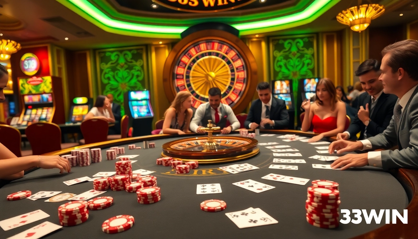 Players enjoying high-stakes excitement at a 33WIN blackjack table under luxurious lighting.