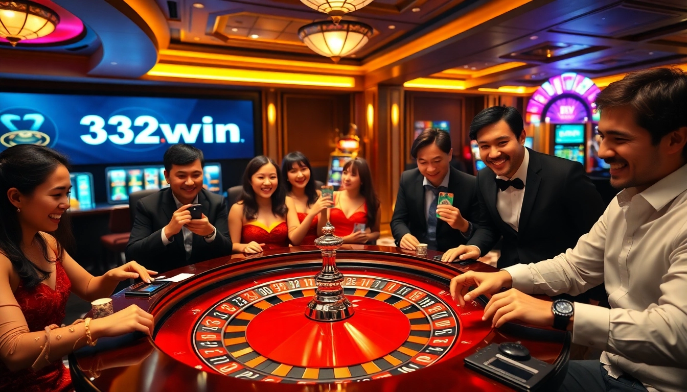Experience the thrill of gambling at 32win trang chu with players enjoying a vibrant roulette table.