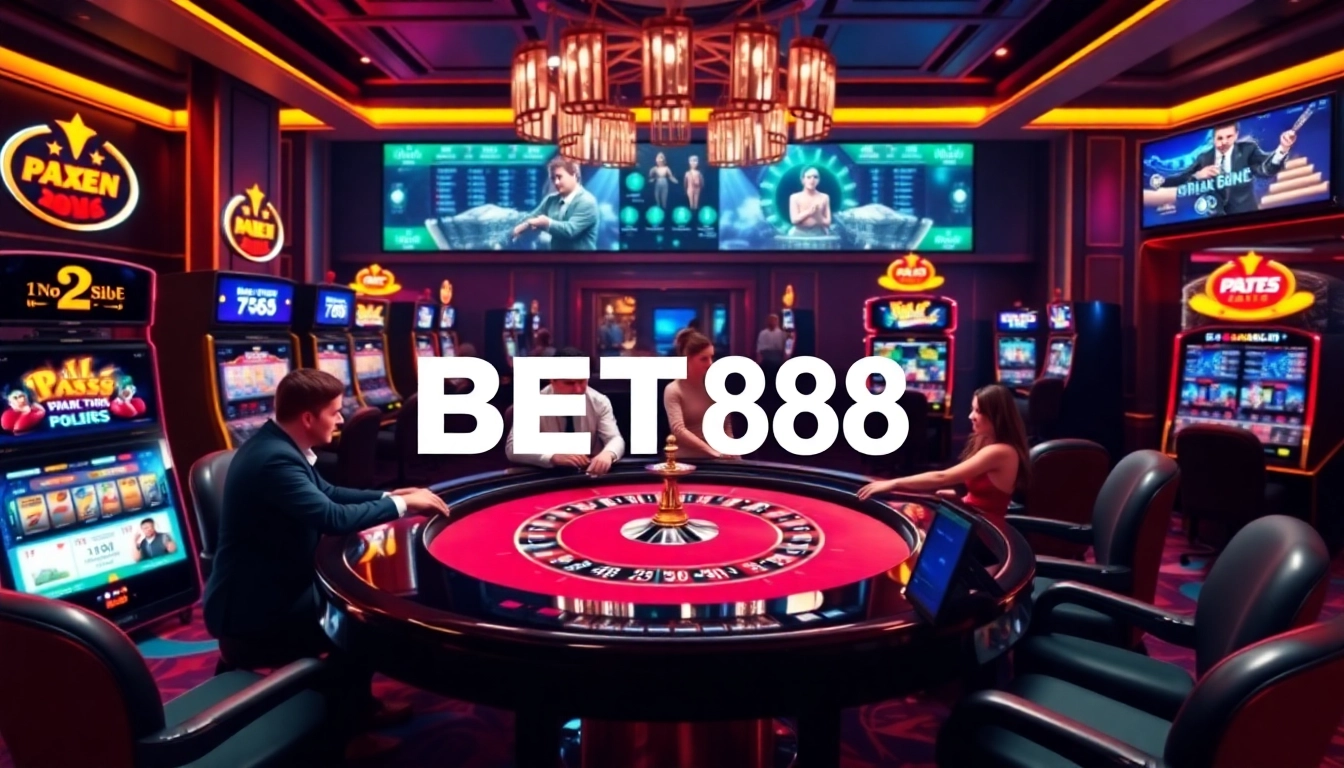 Players engaging in thrilling casino games at BET88, surrounded by vibrant slot machines.