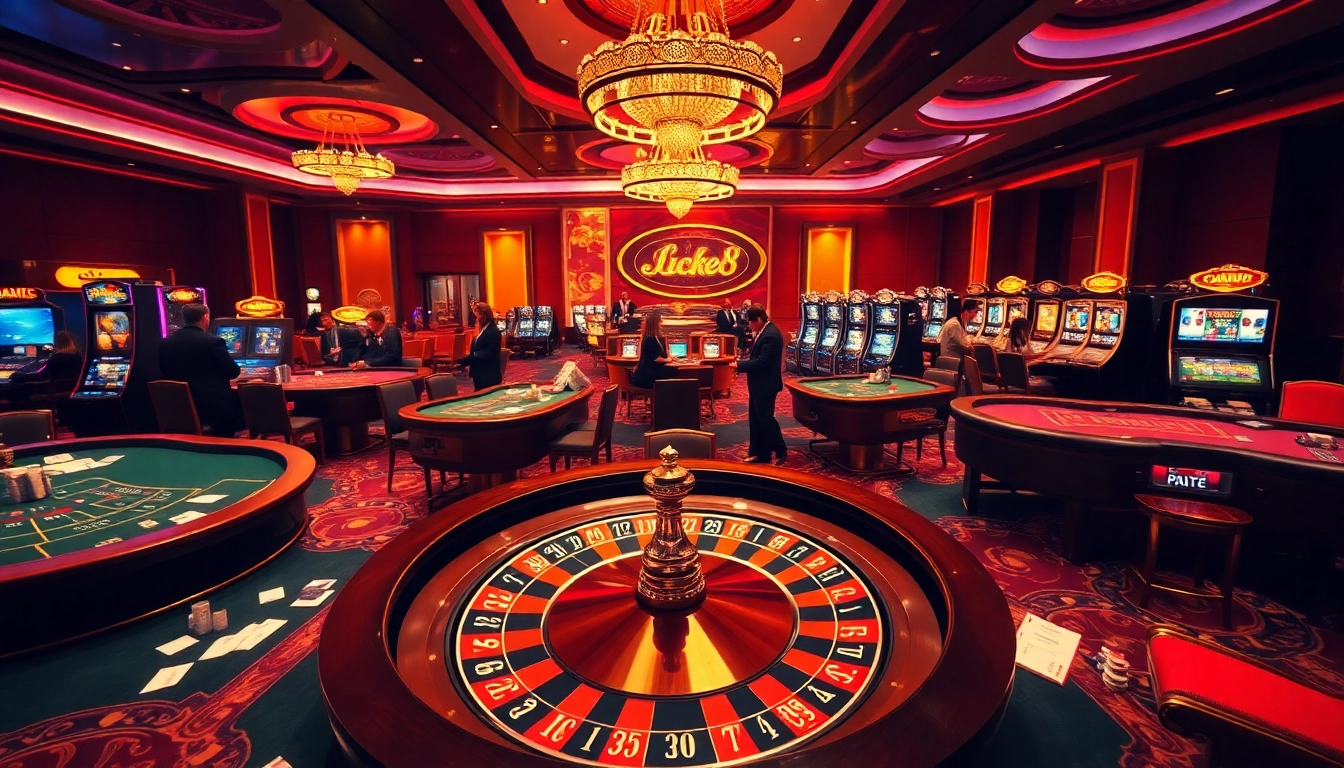 Experience the thrill of luck8 at an exciting casino floor with vibrant gaming tables.