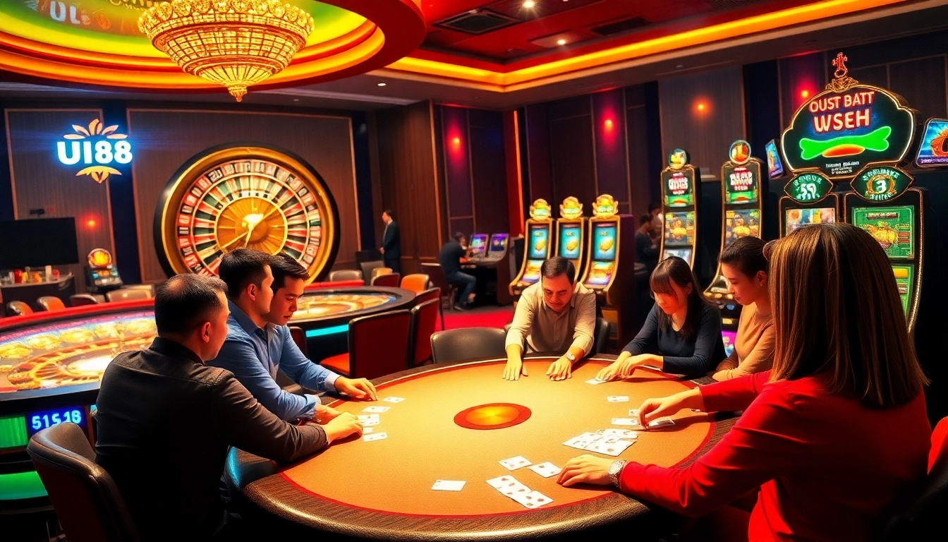 UU88 players enjoying a high-stakes poker game with vibrant slot machines in the background.