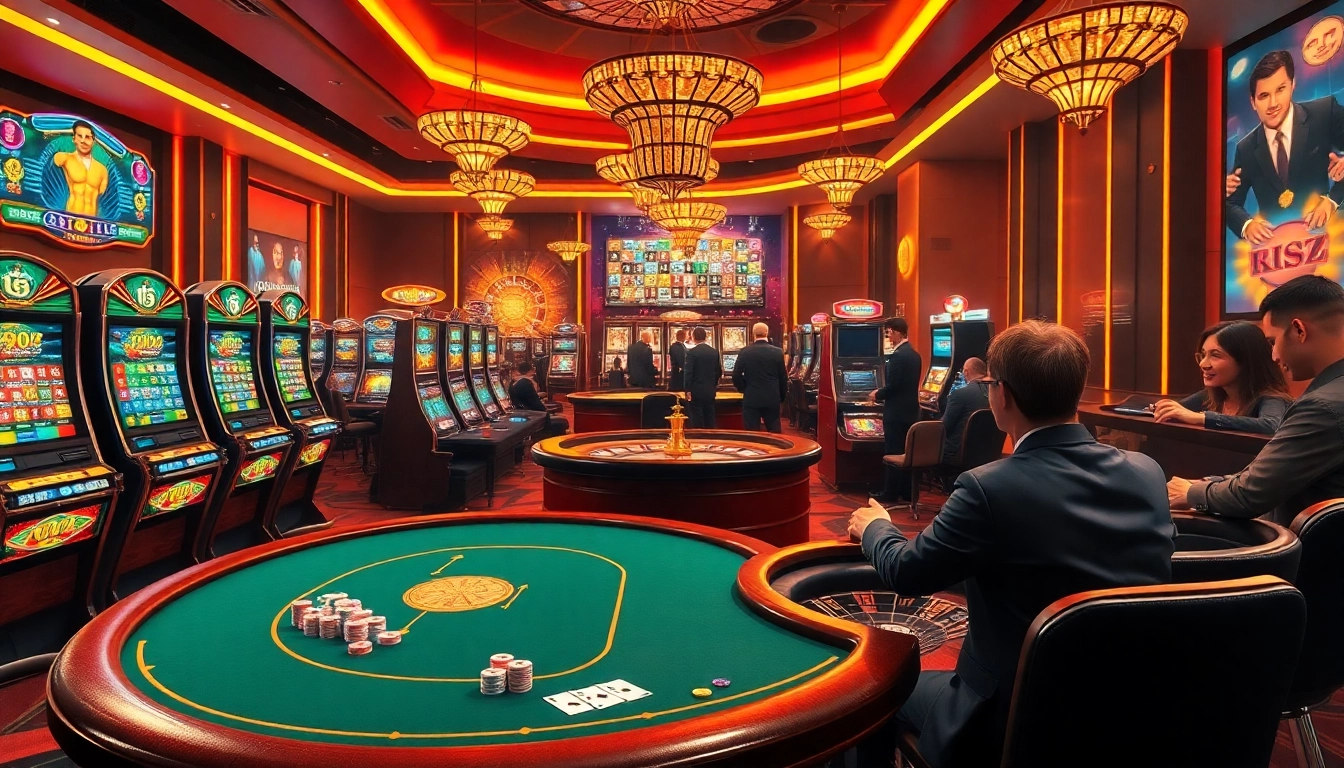 Gambling excitement at https://vnew88.vip/ featuring poker tables, vibrant slot machines, and roulette wheels.