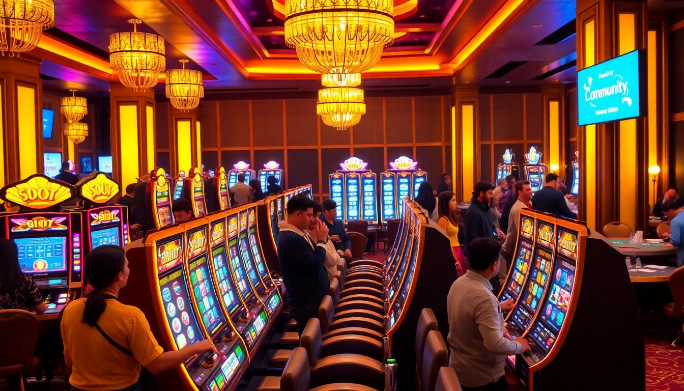 Exciting scene at 슬롯커뮤니티 showcasing lively gamblers at colorful slot machines.