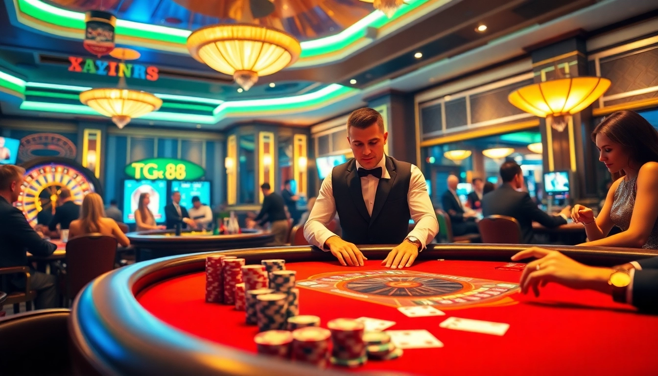 Engaged players at tg88 casino table enjoying a thrilling gaming experience with chips and cards.