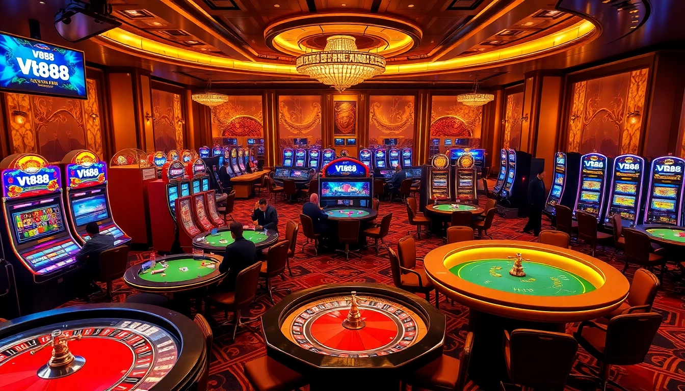 A thrilling casino experience with Vb88 branding, showcasing vibrant slot machines and engaged players at poker tables.