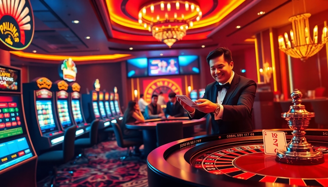 The vibrant scene at trang chủ rr88 showcases gamblers enjoying high-stakes games at illuminated casino tables.