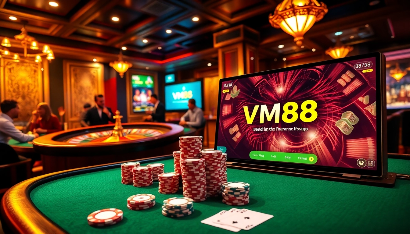 VM88 players enjoying a thrilling poker game at a luxury casino table with chips.