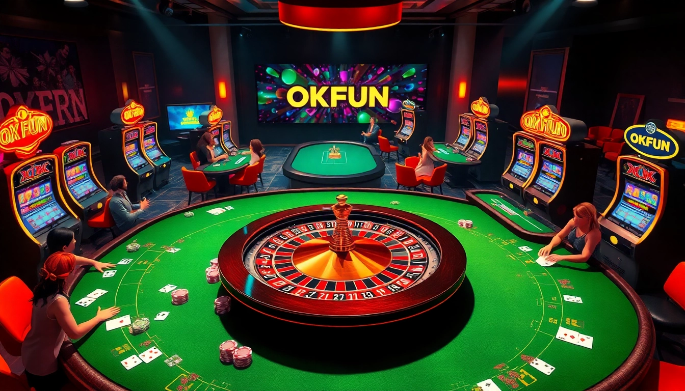 Experience the thrill of OKFUN as players engage with vibrant casino games, roulette, and lively interactions.