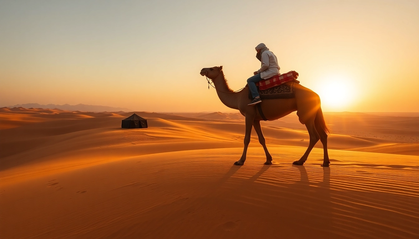 Agafay Desert camel ride at sunset with majestic dunes and serene landscape