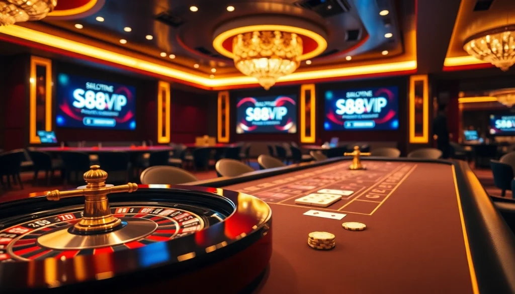 S88VIP gaming table showcasing excitement with roulette wheels and poker chips.