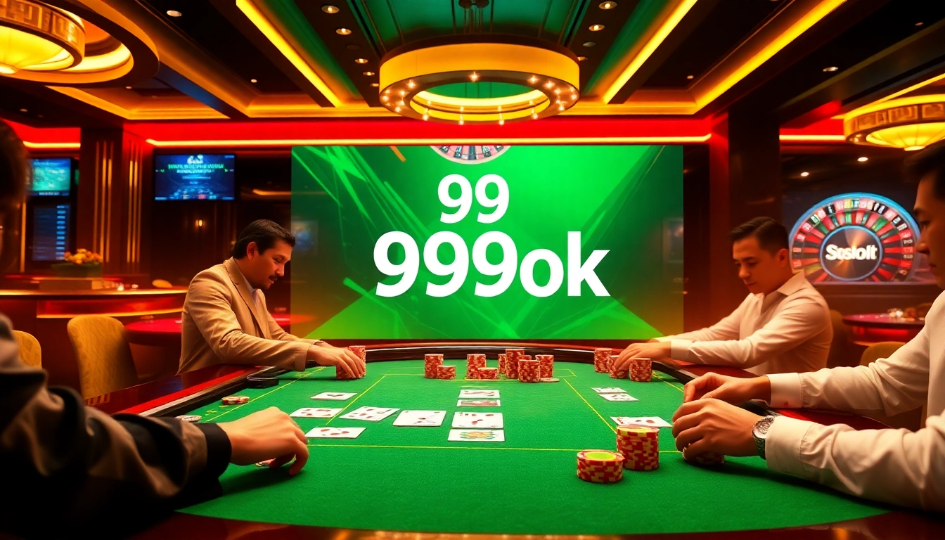 Players enjoying a thrilling poker game at 99ok casino, showcasing vibrant chips and cards.