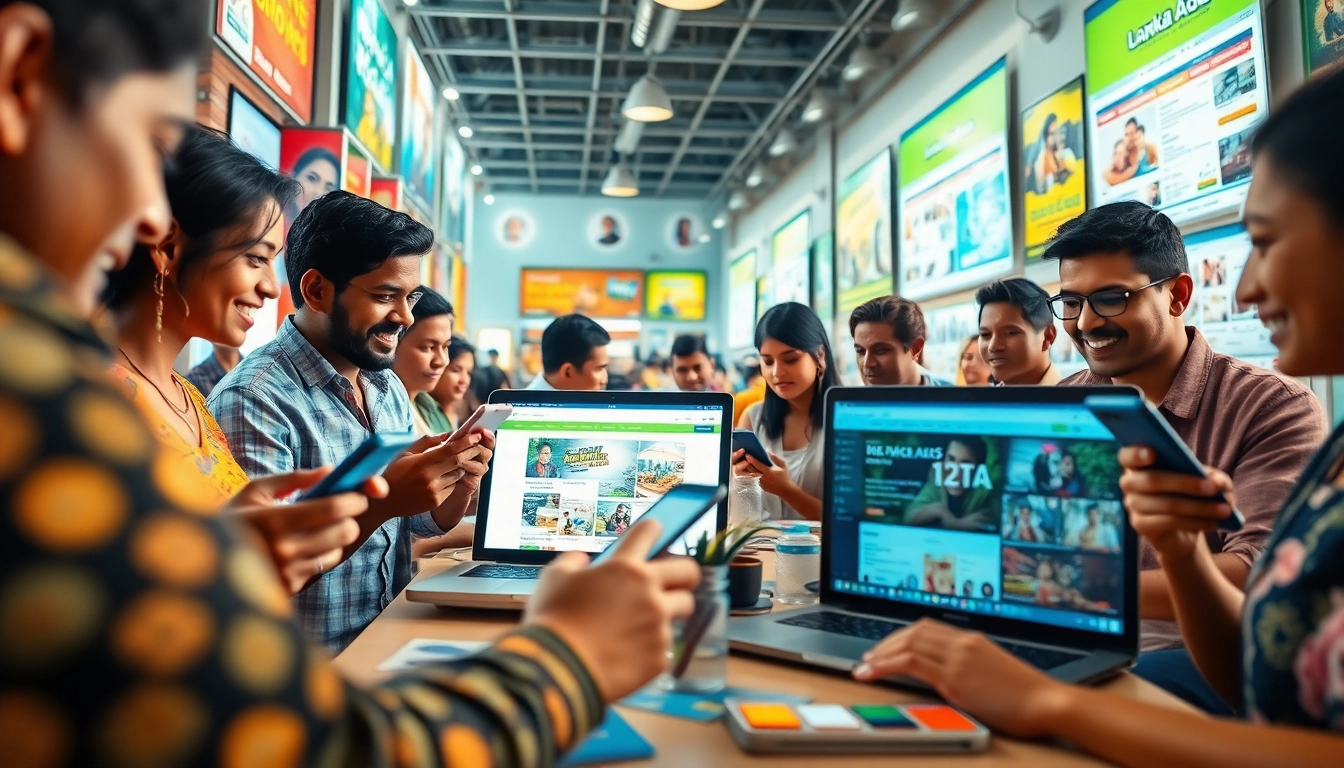 Lanka Ads platform showcasing diverse individuals engaging with online ads in a vibrant marketplace.