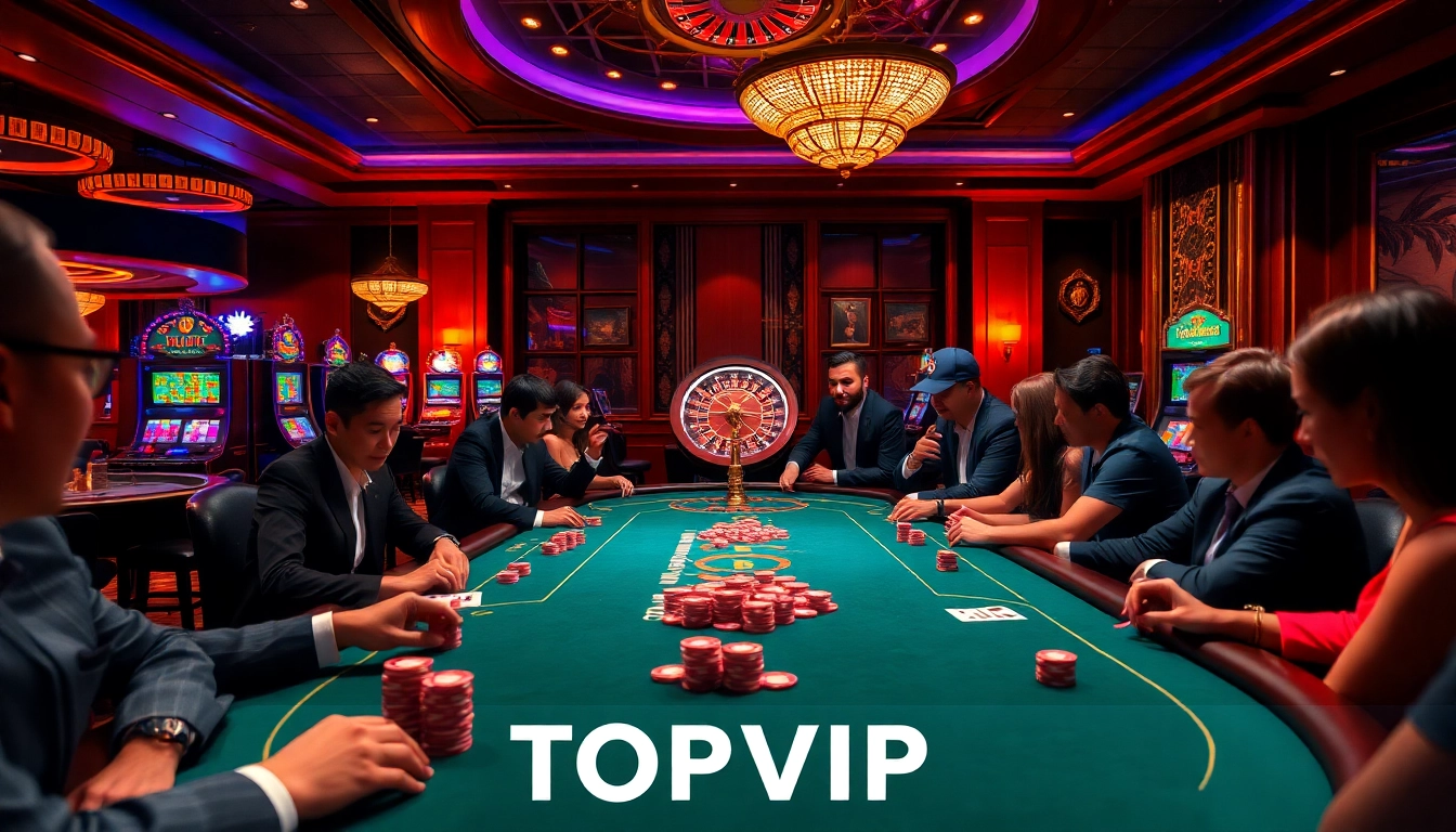 Experience the excitement of gambling at TOPVIP COM with players engaging in poker and roulette.