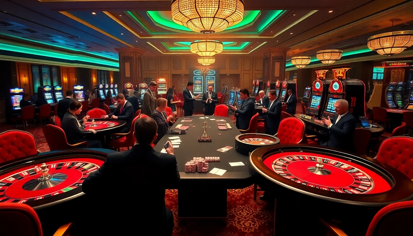 Exciting scene at Khela88 casino showcasing players at poker tables and vibrant slot machines.