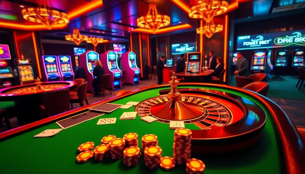 Engaging online casino atmosphere showcasing DR88 with vibrant roulette and slot machines.