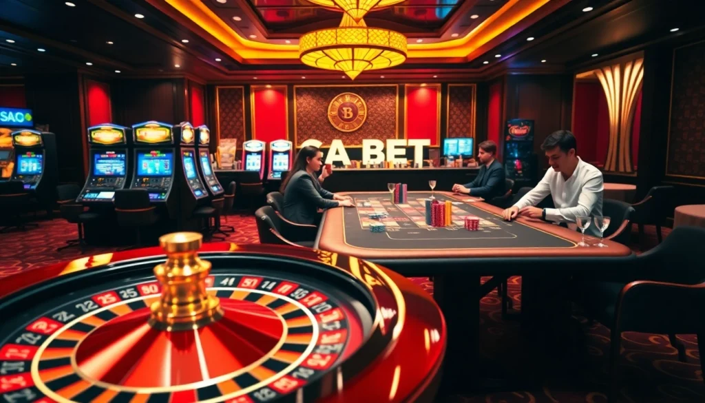 SAO BET vibrant online gambling scene with roulette and poker tables.