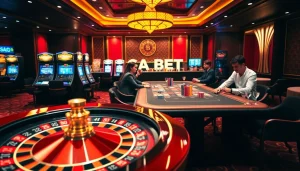 SAO BET vibrant online gambling scene with roulette and poker tables.
