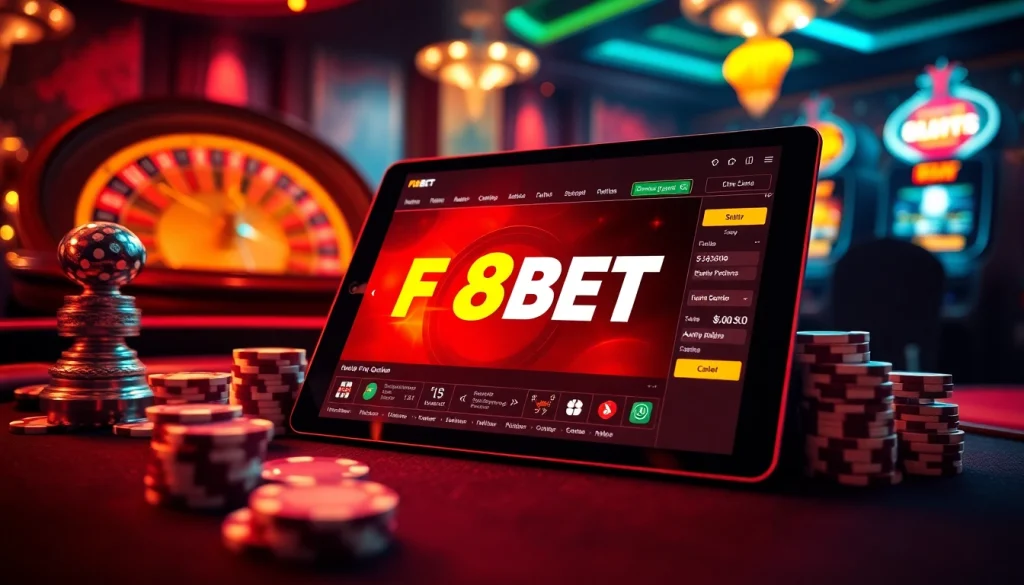 F8BET online gambling interface displayed on a stylish tablet in an exciting casino environment.