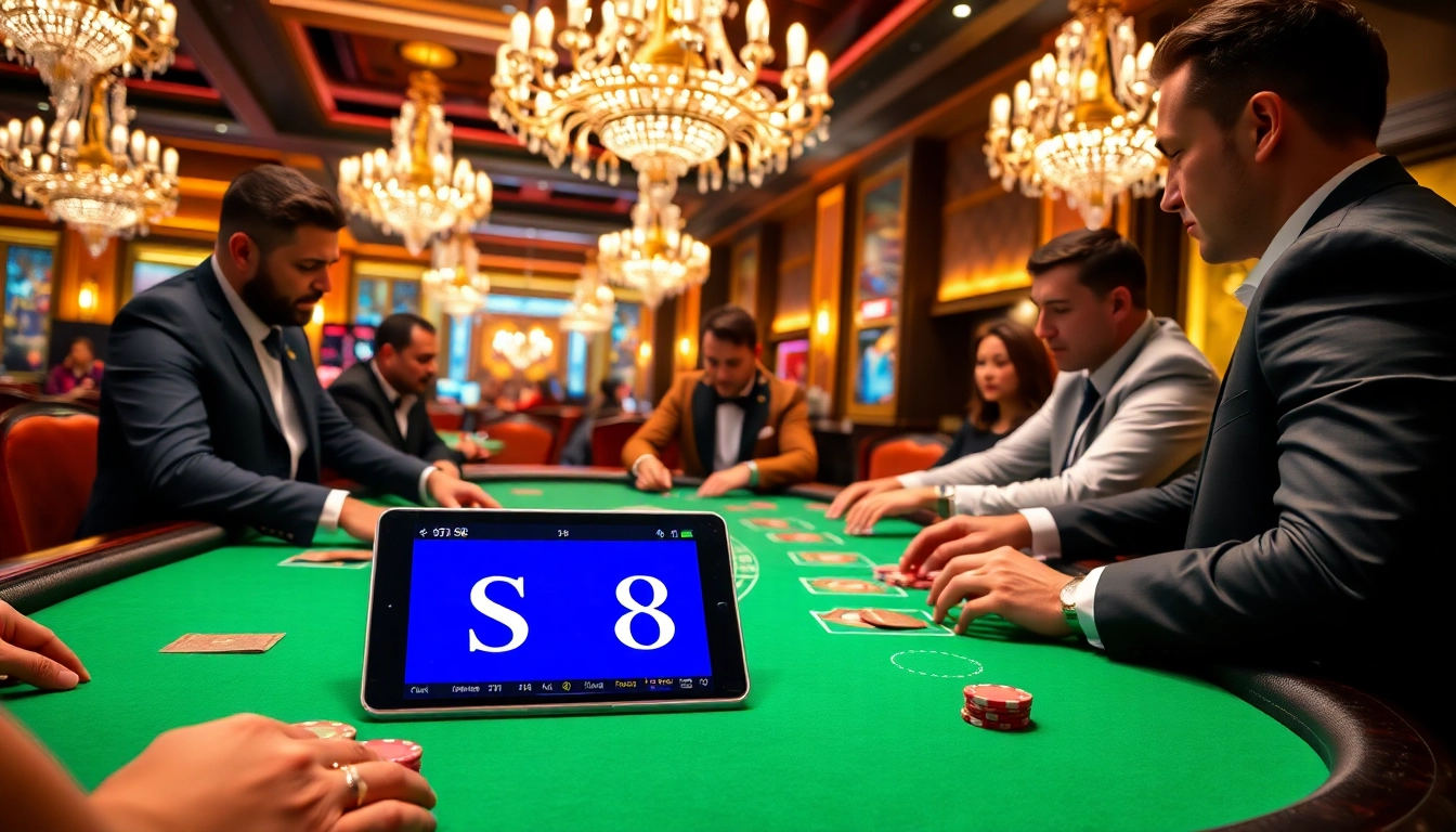 S8 casino scene with vibrant poker action, colorful chips, and professional players engaged.
