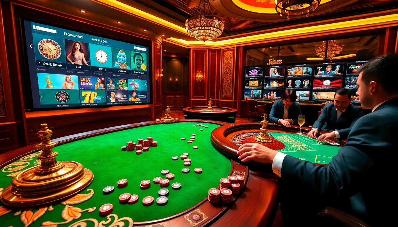 Jun88 players enjoying an exciting moment at a lively casino table with vibrant poker chips.