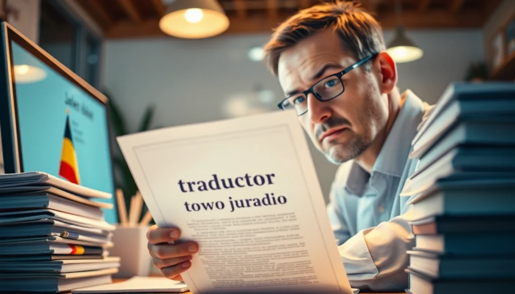 Professional translator working with documents marked 'traductor jurado' in a bright office.