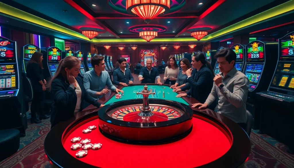 Engaged players strategizing at a roulette table in luck8's vibrant casino atmosphere.
