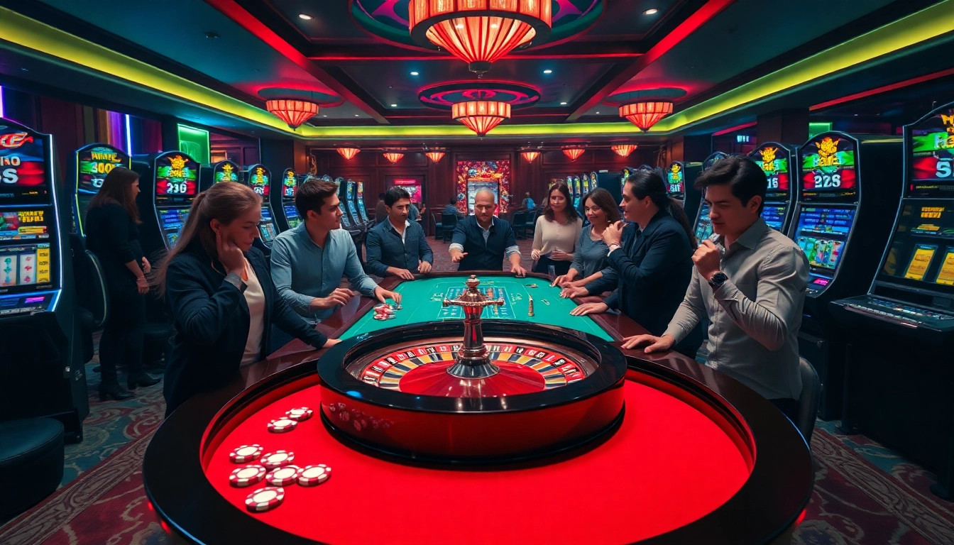 Engaged players strategizing at a roulette table in luck8's vibrant casino atmosphere.