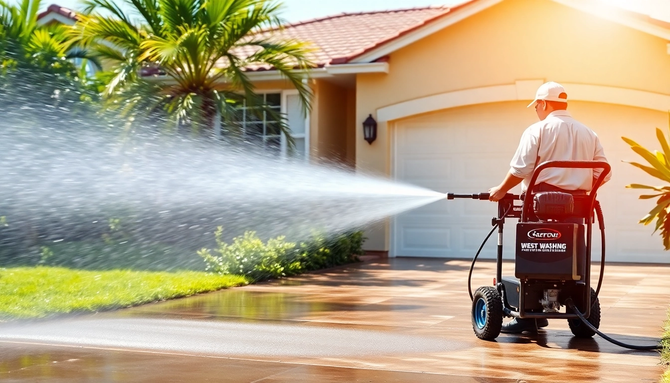 Pressure wash service revitalizing a driveway in Kissimmee, showcasing professionalism and cleanliness.