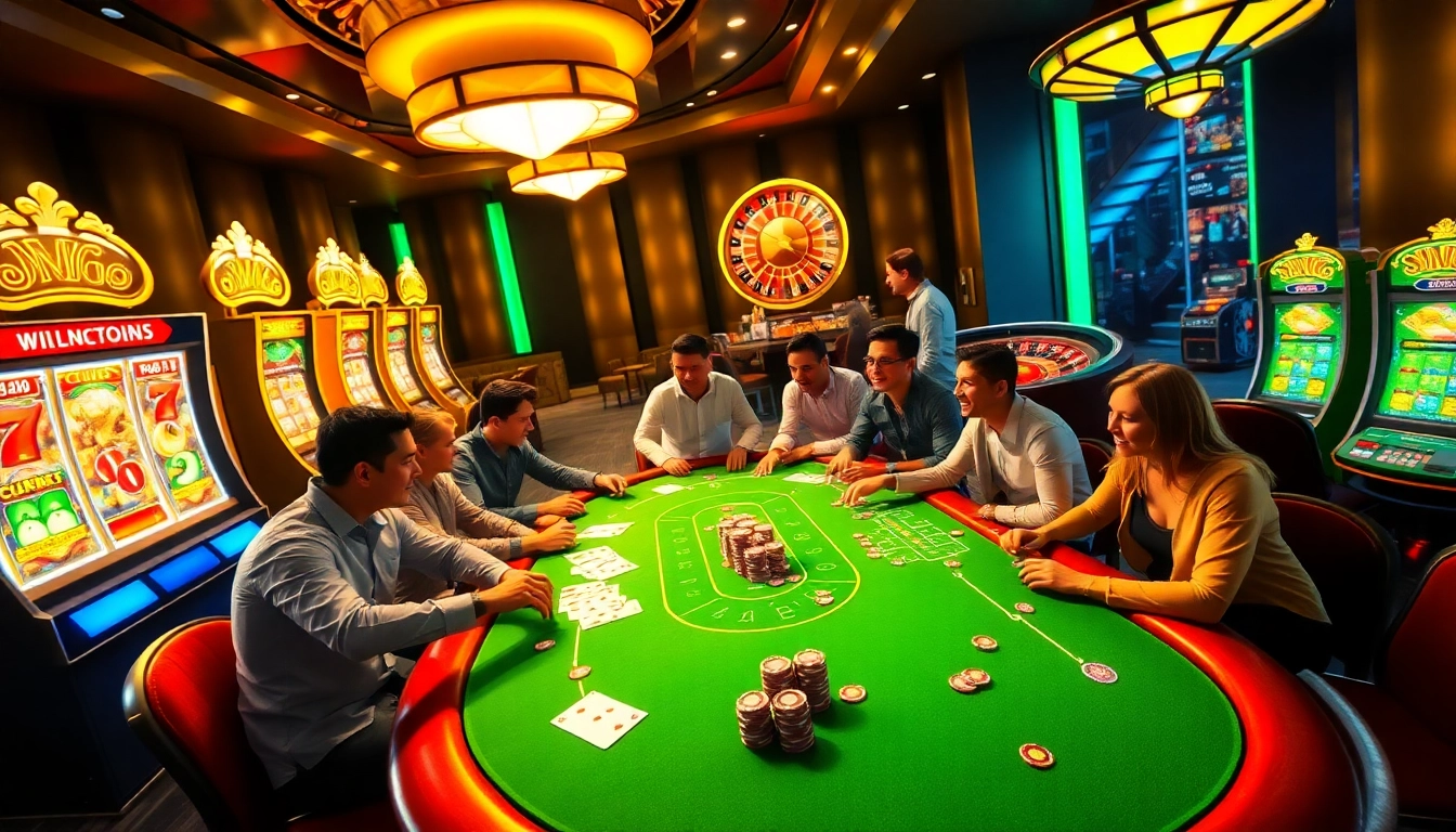 Players enjoying a thrilling game at OK365's luxurious online casino table with vibrant poker cards and chips.