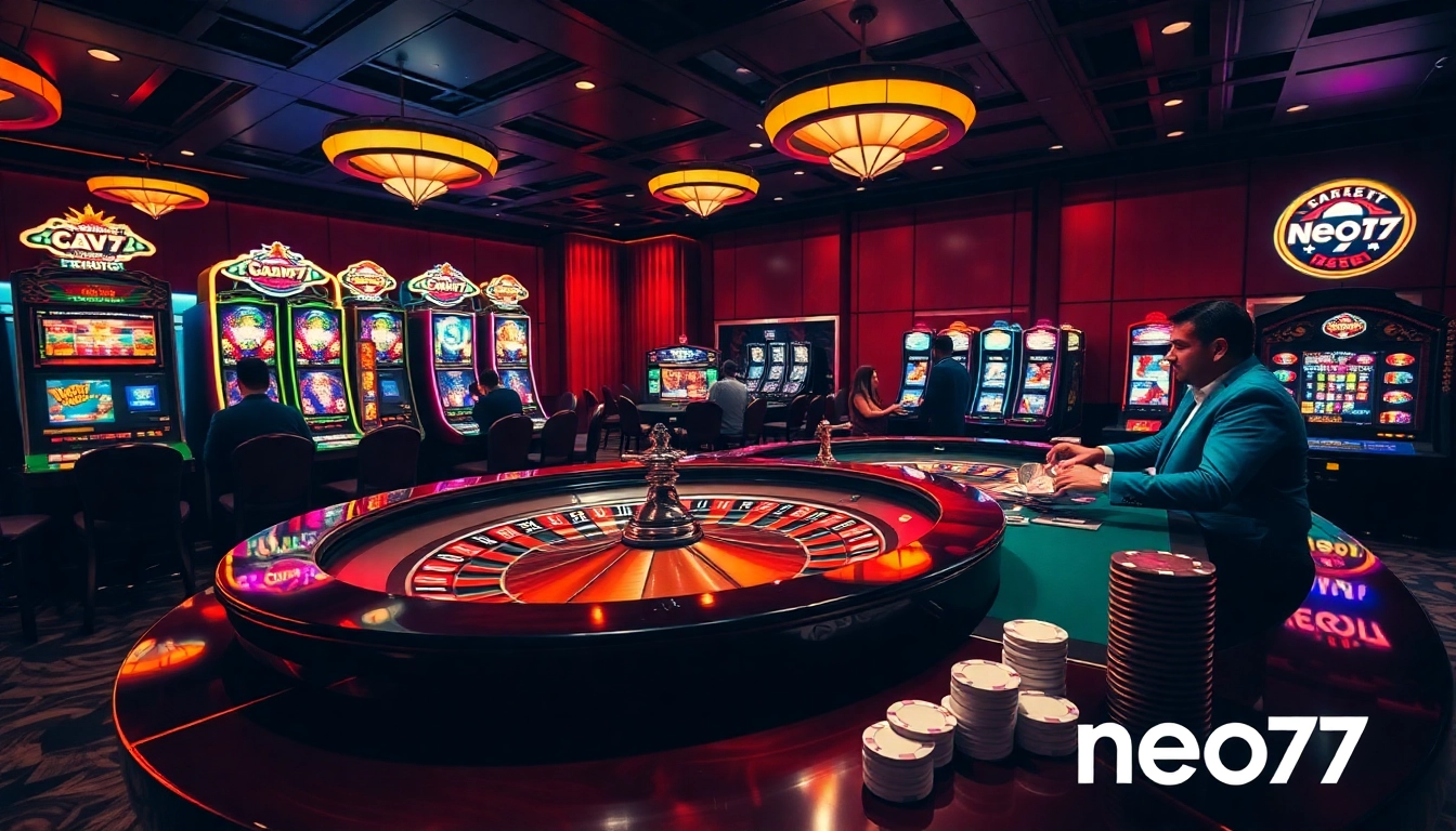 Exciting casino activities featuring Neo79's vibrant roulette table and slot machines.