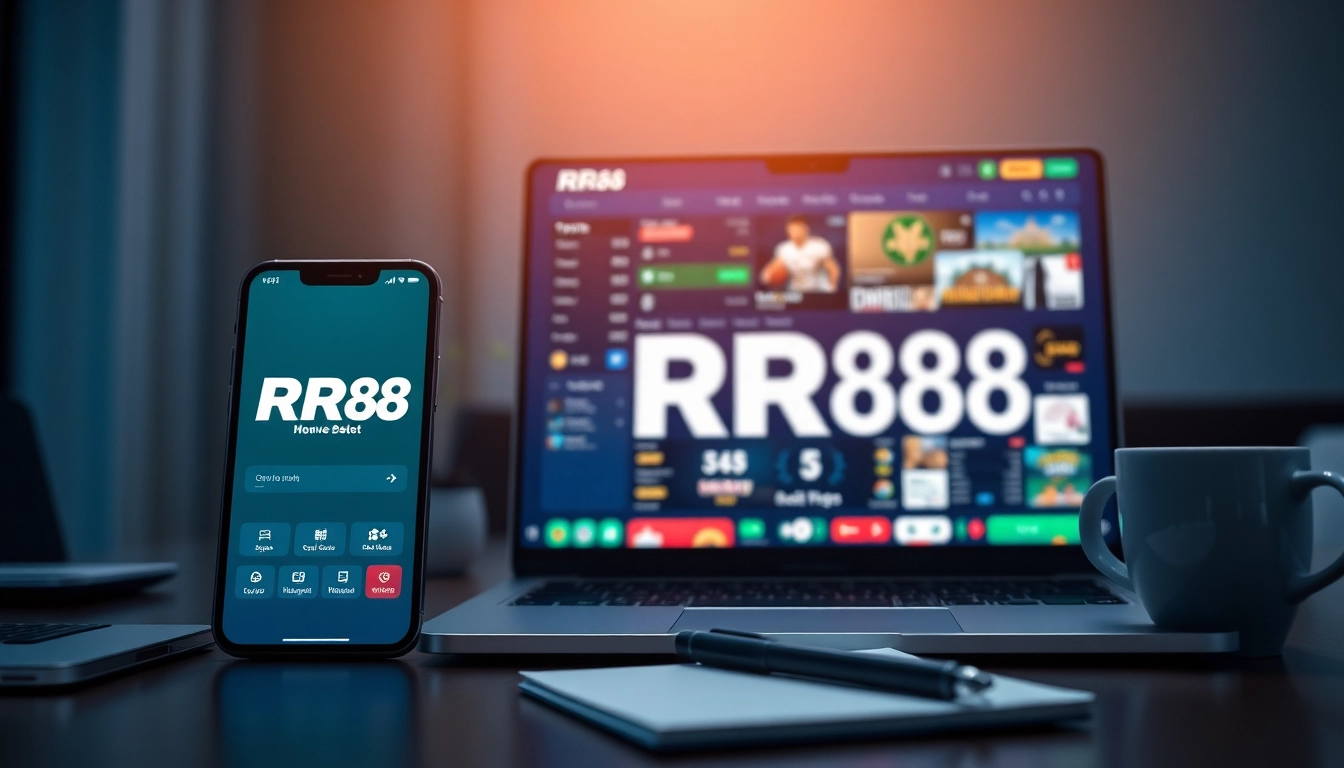 RR88 online gambling platform interface displaying games and betting options on mobile and laptop screens.