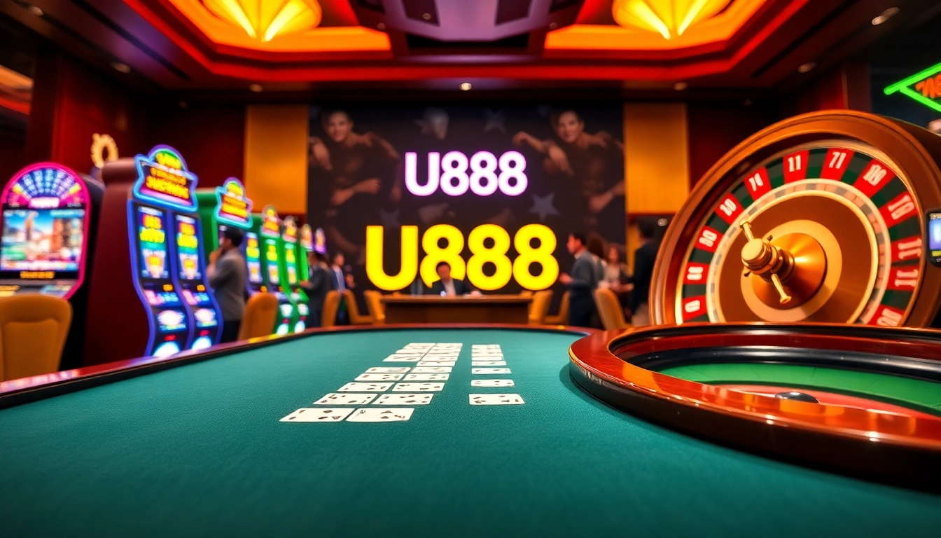 Experience thrilling gameplay with U888 in a luxurious casino setting featuring cards and roulette.