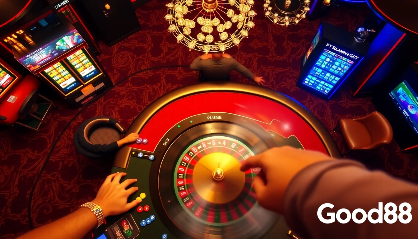 Engage in thrilling gambling action with Good88, showcasing poker excitement and vibrant casino elements.