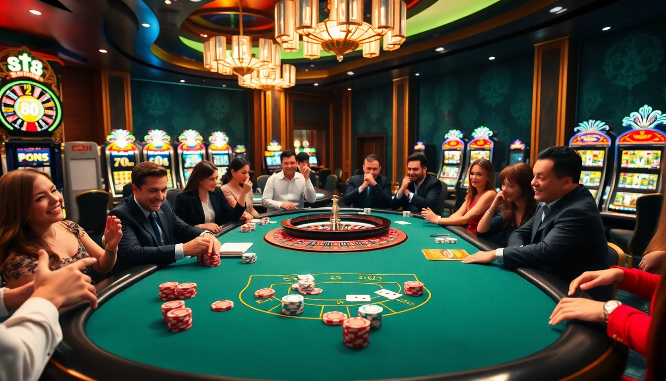 S8 players enjoying an exciting casino game at a luxurious poker table with vibrant chips.