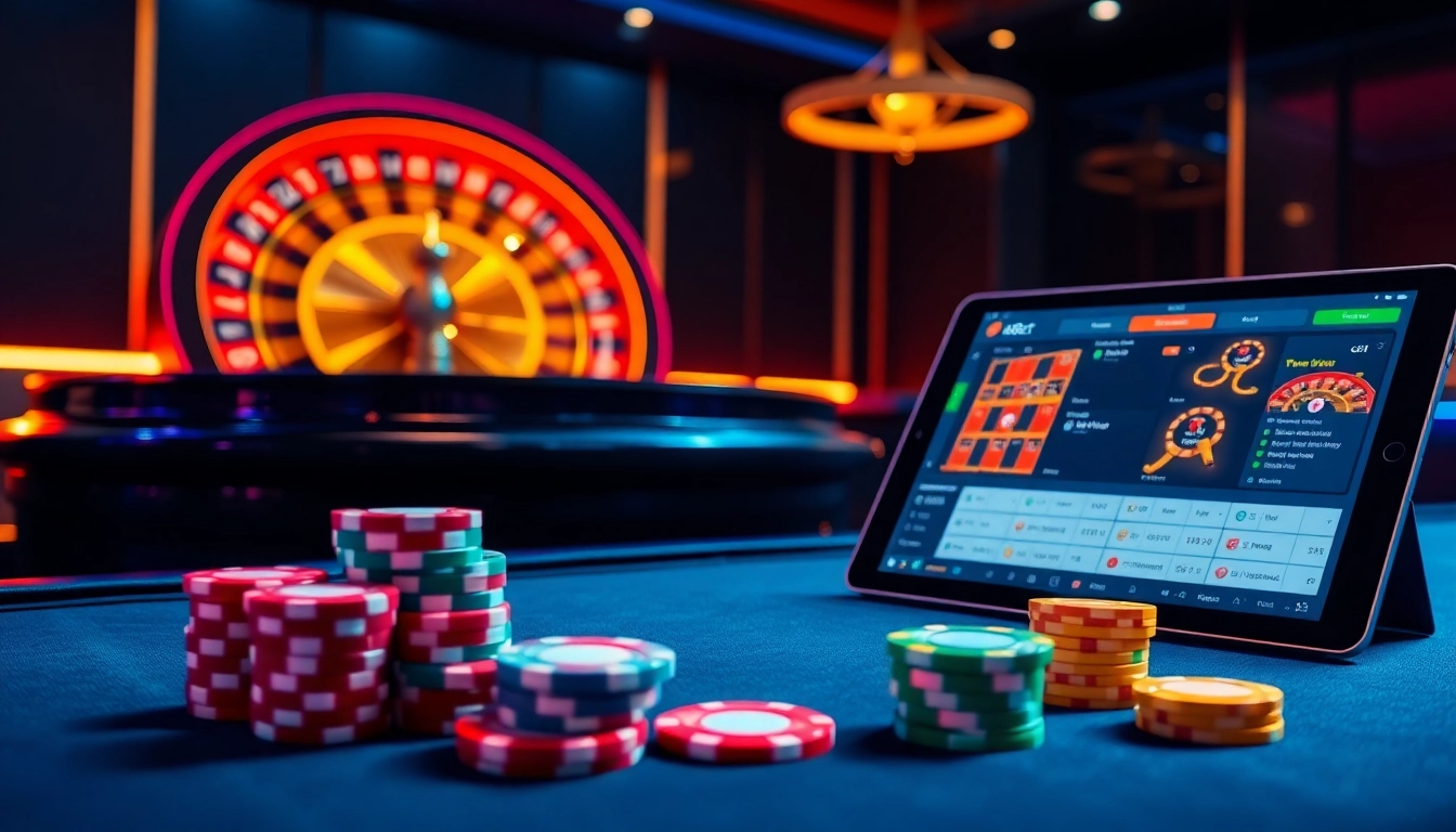 Experience the exciting world of f8bet with vibrant poker chips and roulette wheels.