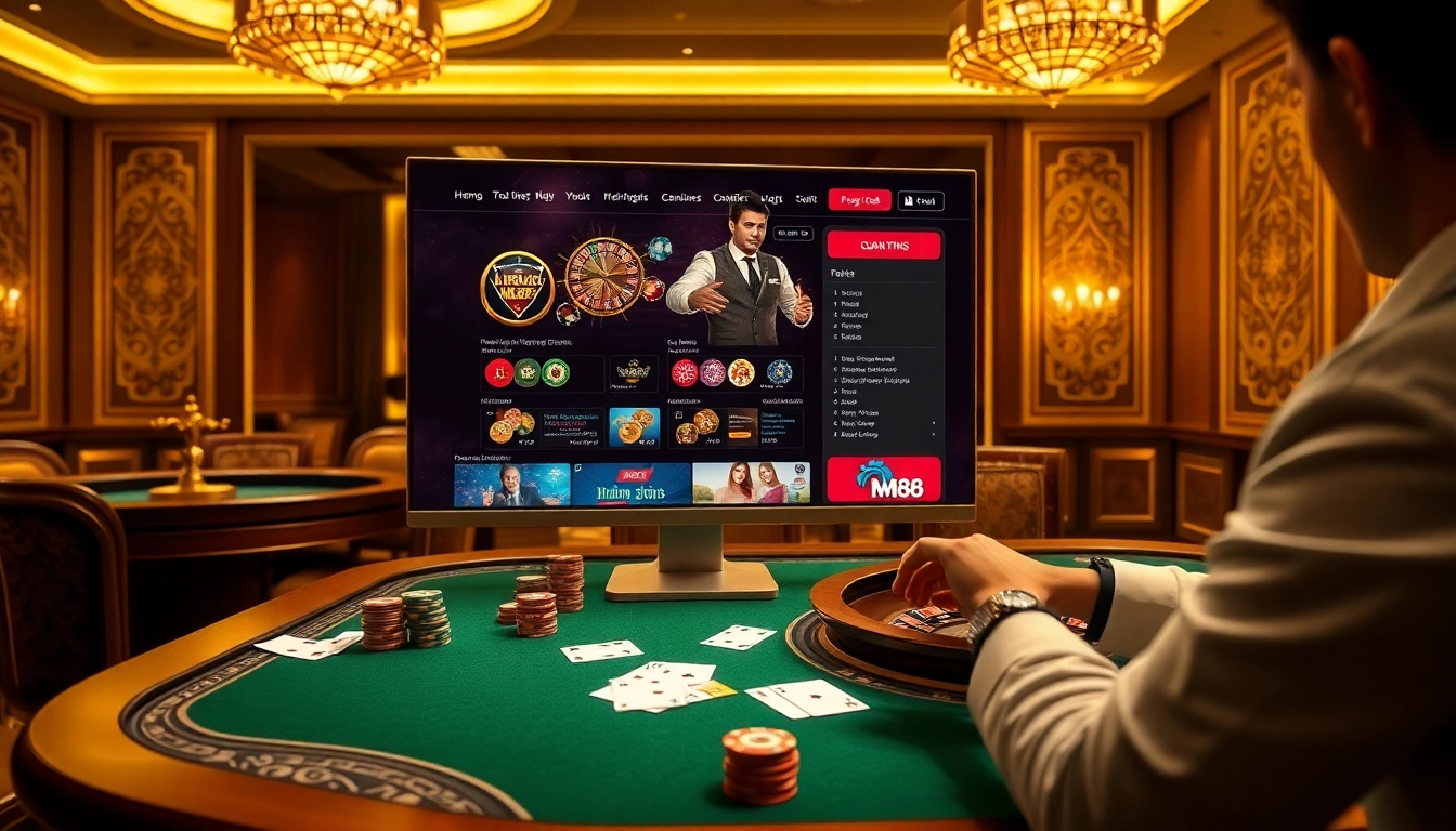 Experience excitement at Trang chủ MM88 with a luxurious online casino environment featuring poker tables and live betting screens.