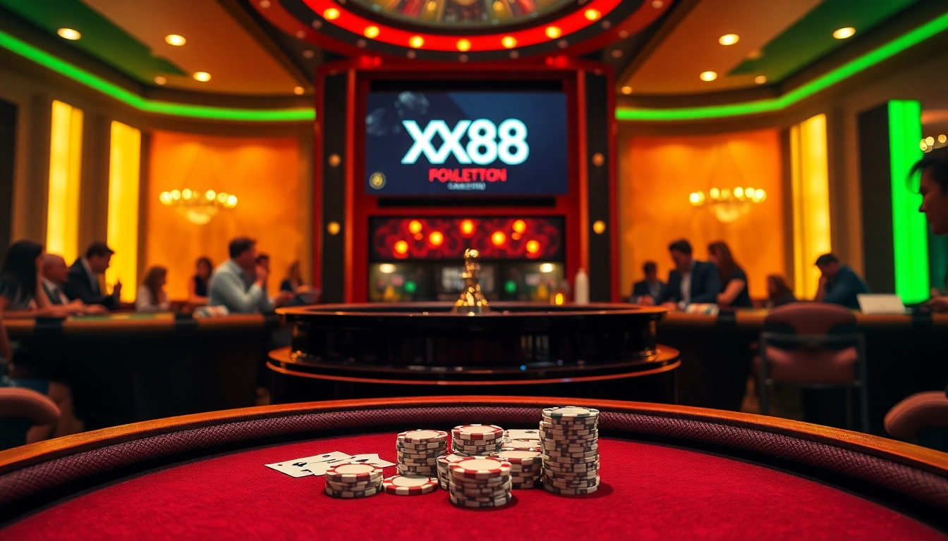 Players experience thrilling roulette action at XX88 Casino, surrounded by poker chips and cards.