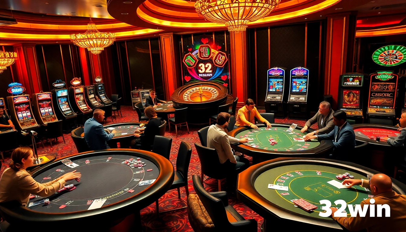 32win casino players enjoying poker and blackjack in a vibrant gaming environment.