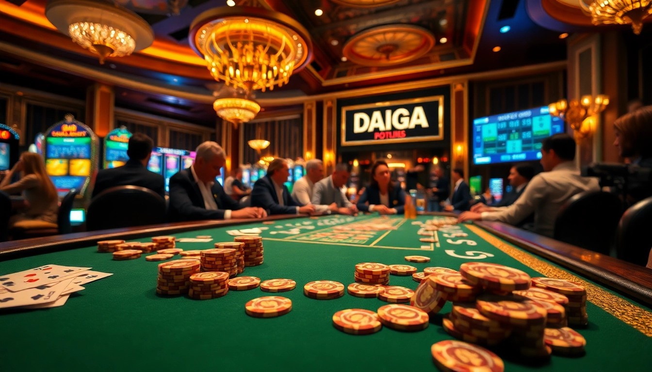 DAGA betting excitement as players engage in high-stakes poker at a luxurious casino table.