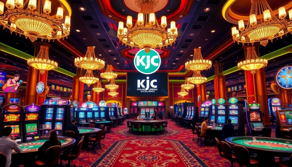 KJC casino floor with luxurious slot machines and poker tables, showcasing vibrant gaming action.