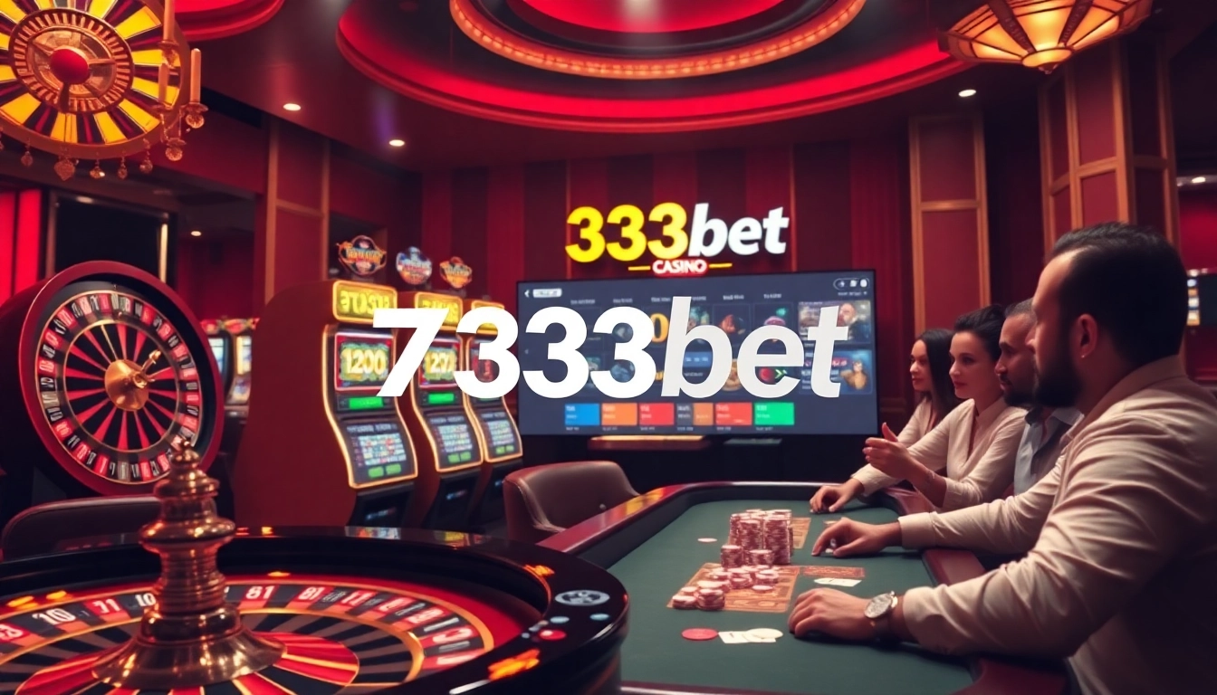 Exciting casino scene showcasing poker and roulette with 733bet Download interface.
