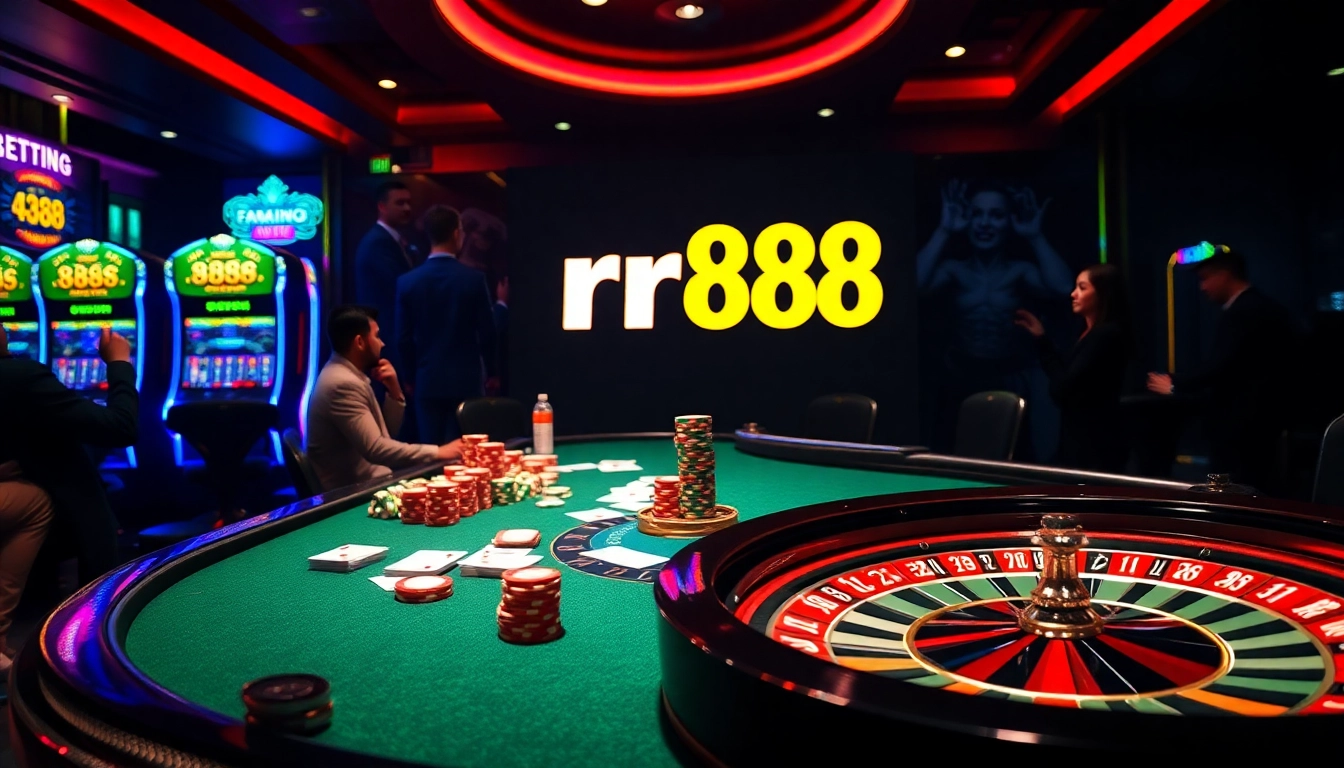 Players engaging in an exciting poker game at rr88 casino with vibrant atmosphere.