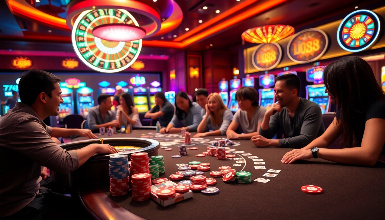 Players enjoying table games at uu88 casino, surrounded by vibrant lights and thrilling atmosphere.